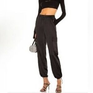 Superdown Black Satin Cargo Jogger Pants High Waisted Bungee Ankle Size XS